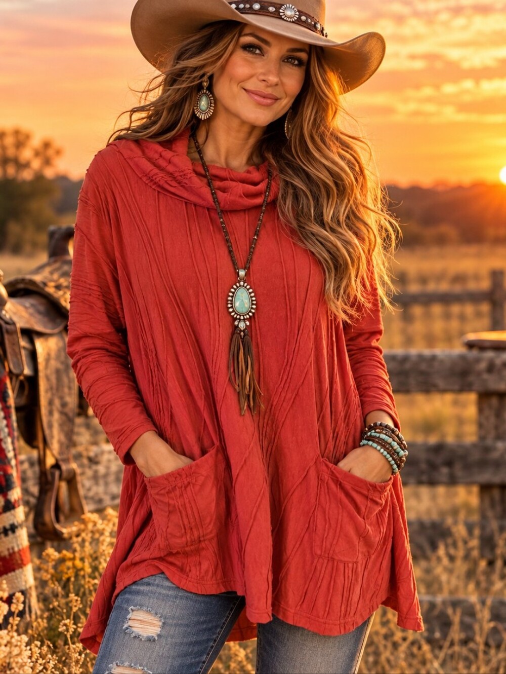 Windhorse L/XL Rust Cotton Boho Cowl Neck Tunic Top NWT